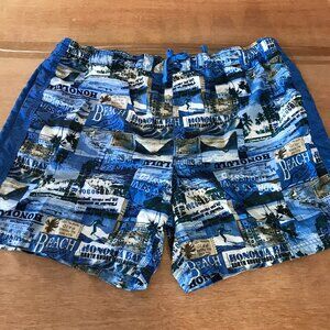 Islander Hawaiian Board Swim Shorts Men XL Blue Floral Surfing Tie Waist Beach